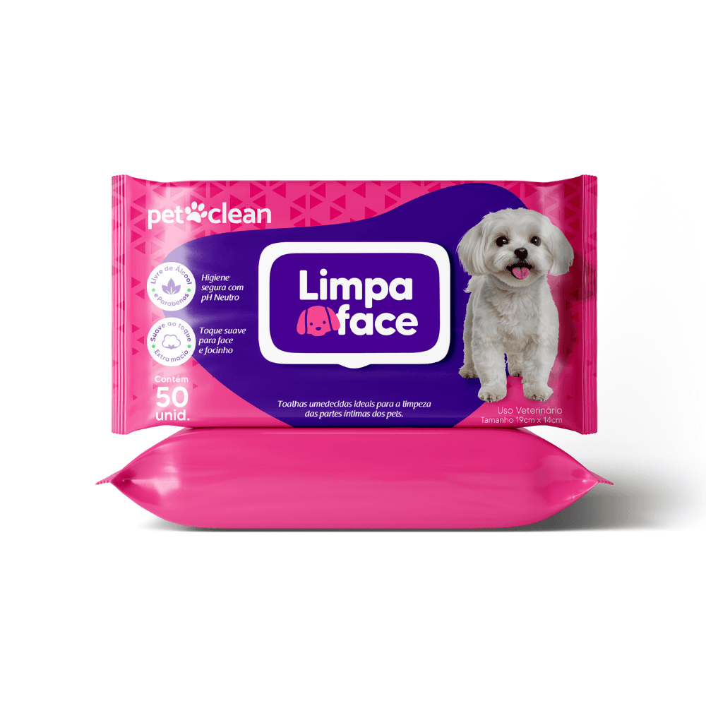 Toalhas Umedecidas Limpa Face Pet Clean, 50 unidades
